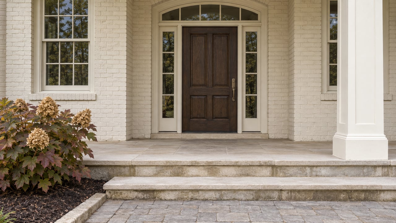 Cream-brick entry with a dark oak door, paired sidelights, limestone steps and an oakleaf hydrangea beside the paved approach.