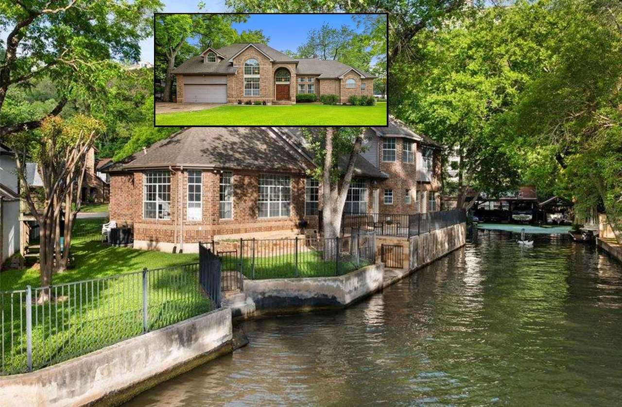 Brick house beside a tree-lined canal, with an inset view of a brick house’s front and lawn.