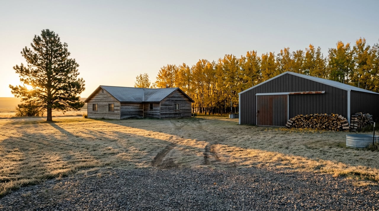 Ranch house and detached shop across a gravel-and-grass yard, with golden aspens and a ponderosa pine.