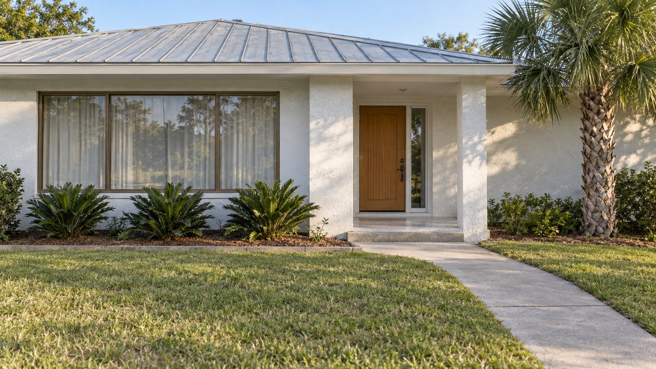Updated single-story white stucco home with a recessed terrazzo porch, broad window, deep front lawn and a mature fan palm.