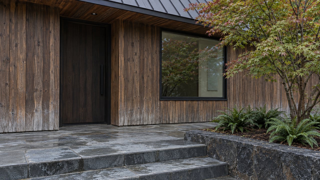 Cedar house entrance with recessed fir door, black-framed window, bluestone steps, and a vine maple.