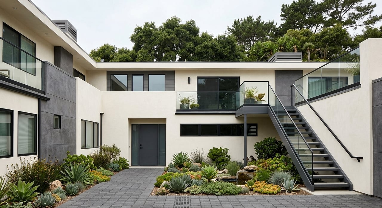 Condo courtyard with a black steel stair, white stucco walls, and an oak entry door.