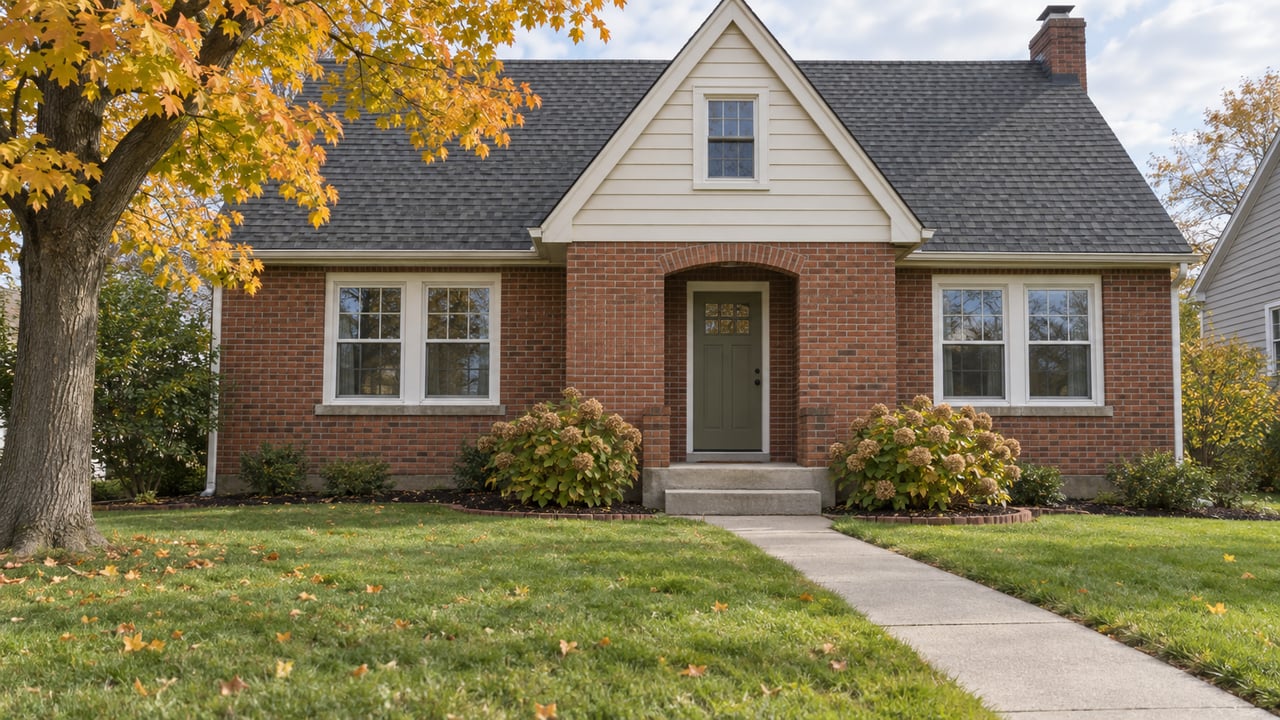 A modest brick home with ivory gable siding, paired windows and a concrete front walk beneath an orange-leaved sugar maple.