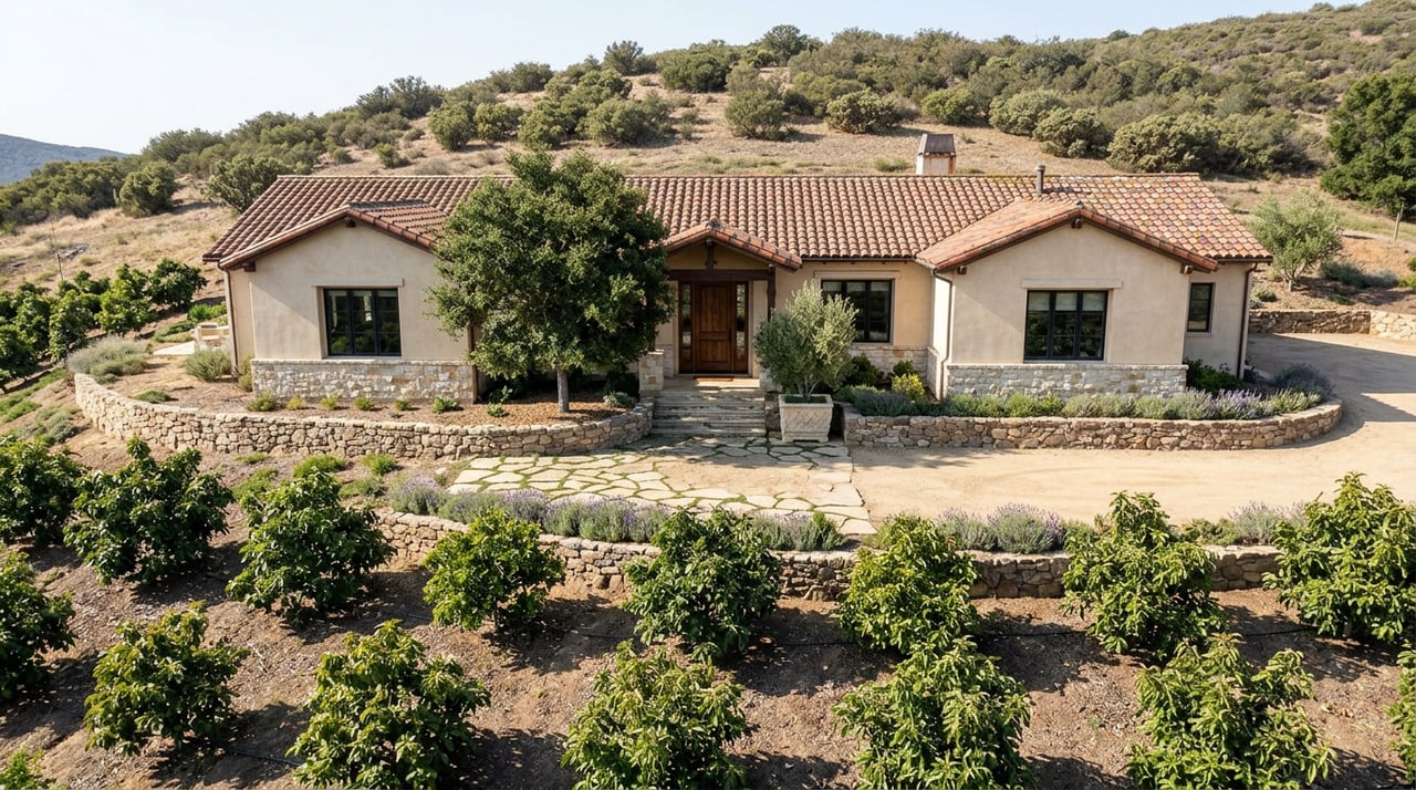 Stucco hillside home with a terracotta roof above terraced avocado groves and a gravel motor court.