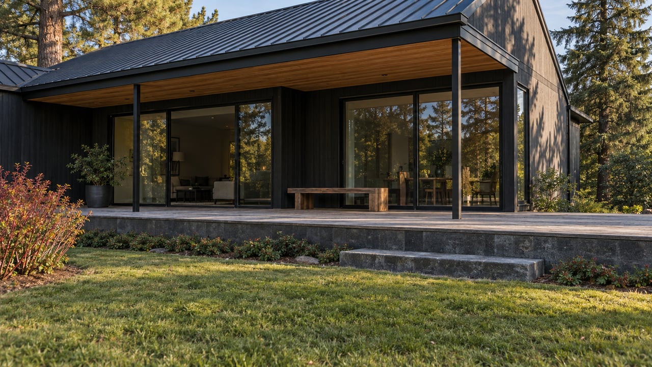 Charcoal-clad house with a raised cedar deck, broad stone step, and sunlit lawn beneath tall trees.