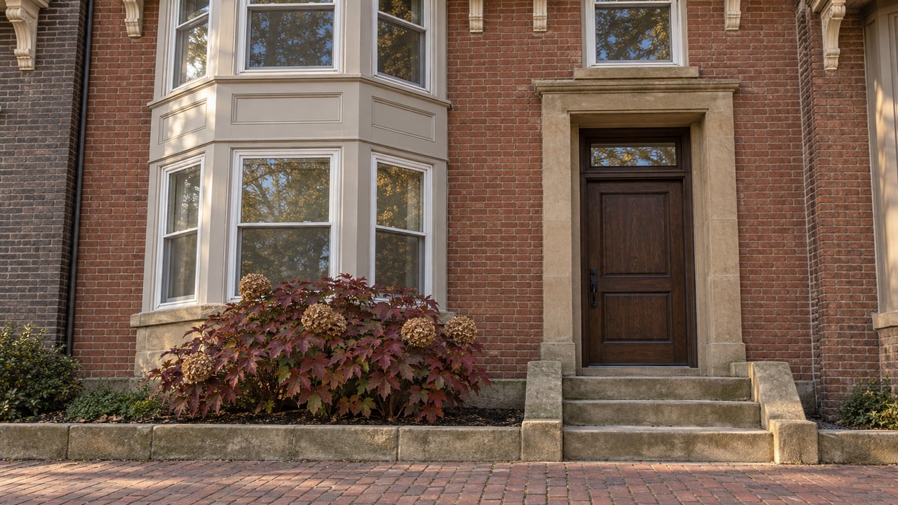 Historic red-brick home with a painted window bay, sandstone entry steps, and oakleaf hydrangea in autumn color.