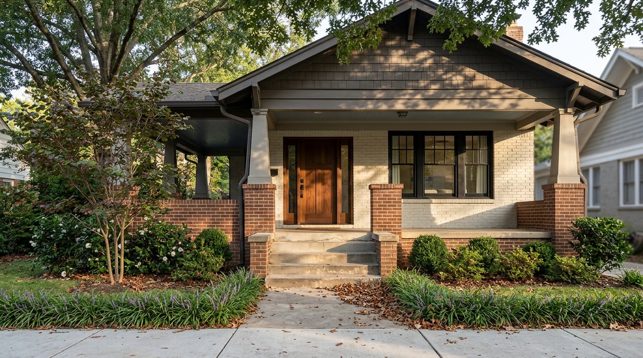Brick craftsman bungalow with a deep covered porch beneath an oak canopy, dappled sunlight on the facade and walk.