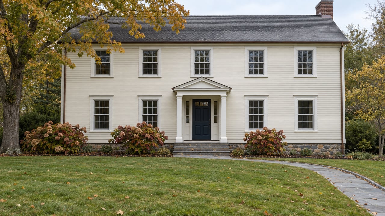 Ivory clapboard house with a stone entry walk, generous front lawn and an autumn sugar maple.