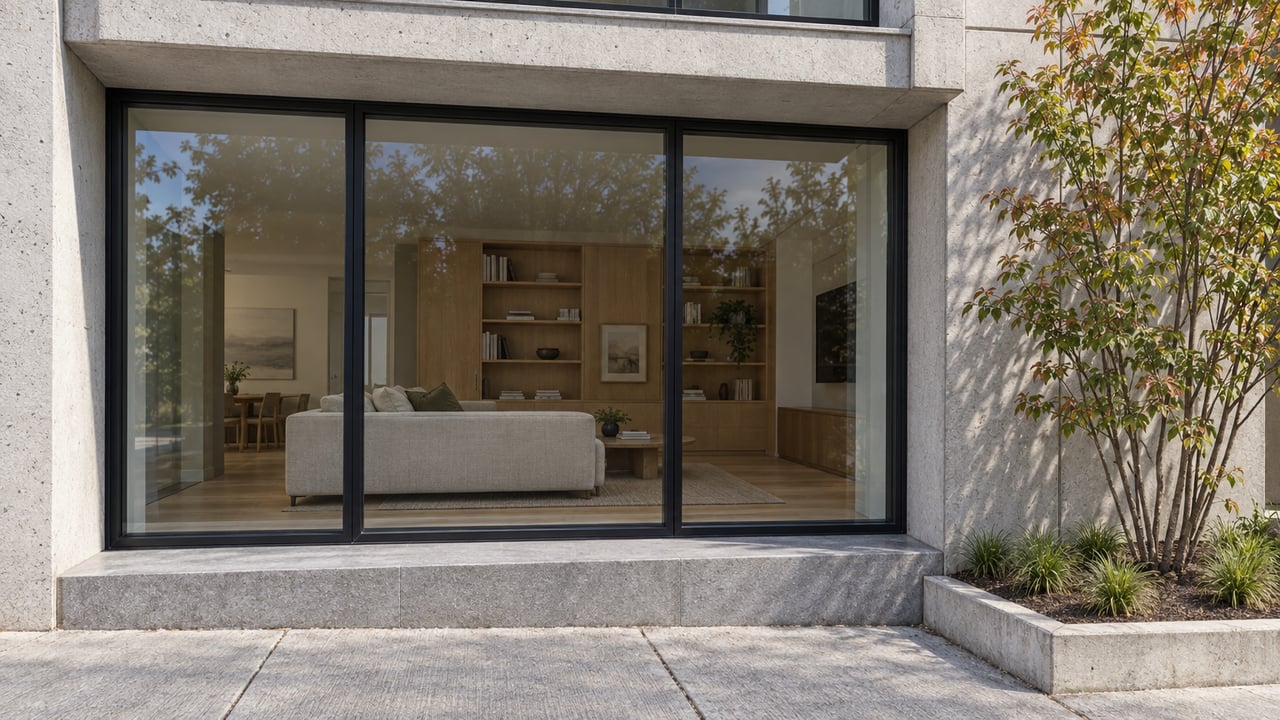 Close exterior view of a glazed condo living room framed by pale concrete, beside a serviceberry tree and a raised planting bed.