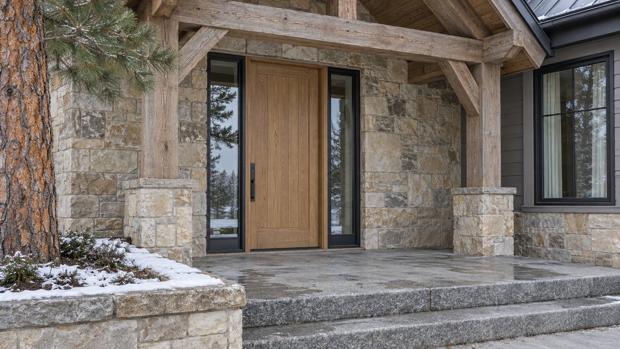 Winter daylight on a sandstone and timber entry with an oak door, paired sidelights and cleared granite steps beside a snow-dusted pine bed.