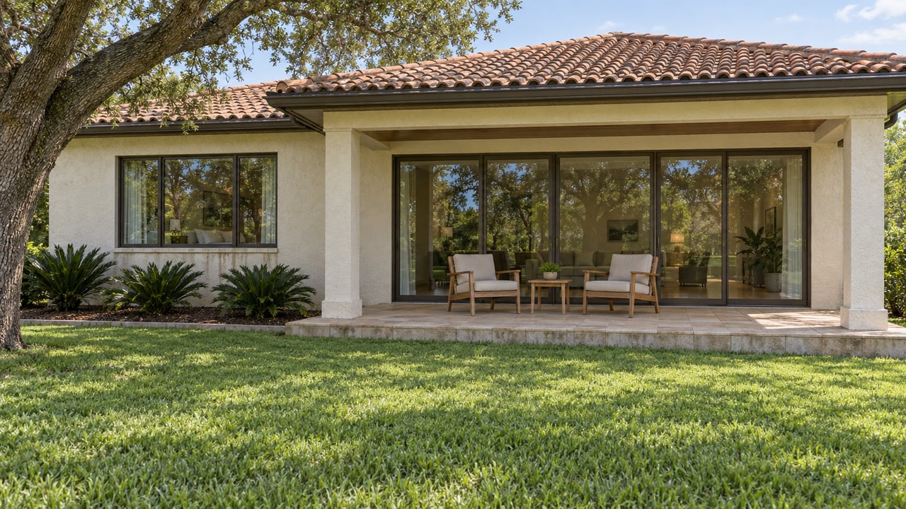Ivory stucco home with a terracotta roof, glazed covered lanai, teak seating, and a broad lawn beneath a mature live oak.