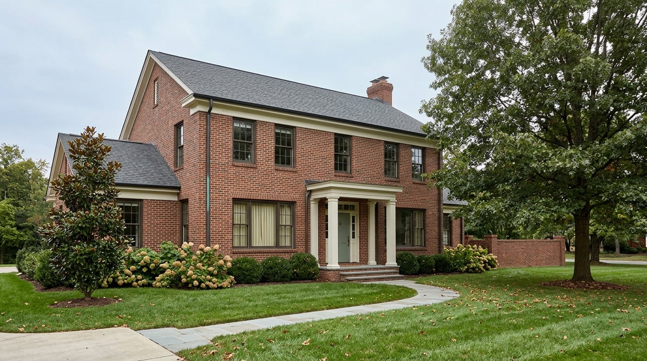 Brick Colonial with sage-green door, white-columned portico, broad oak, and curved walk across deep lawn.