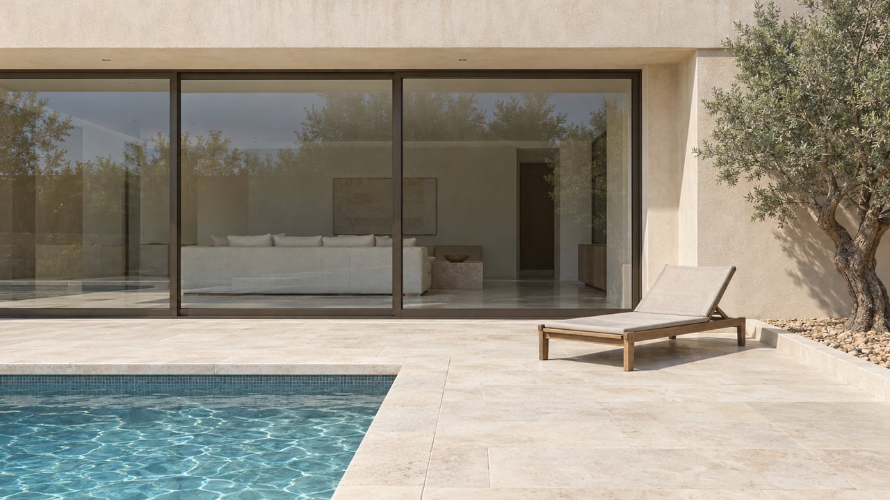 Sunlit contemporary home terrace with bronze-framed glass doors, pale limestone pool coping, a teak lounge chair, and a sculptural ironwood tree.