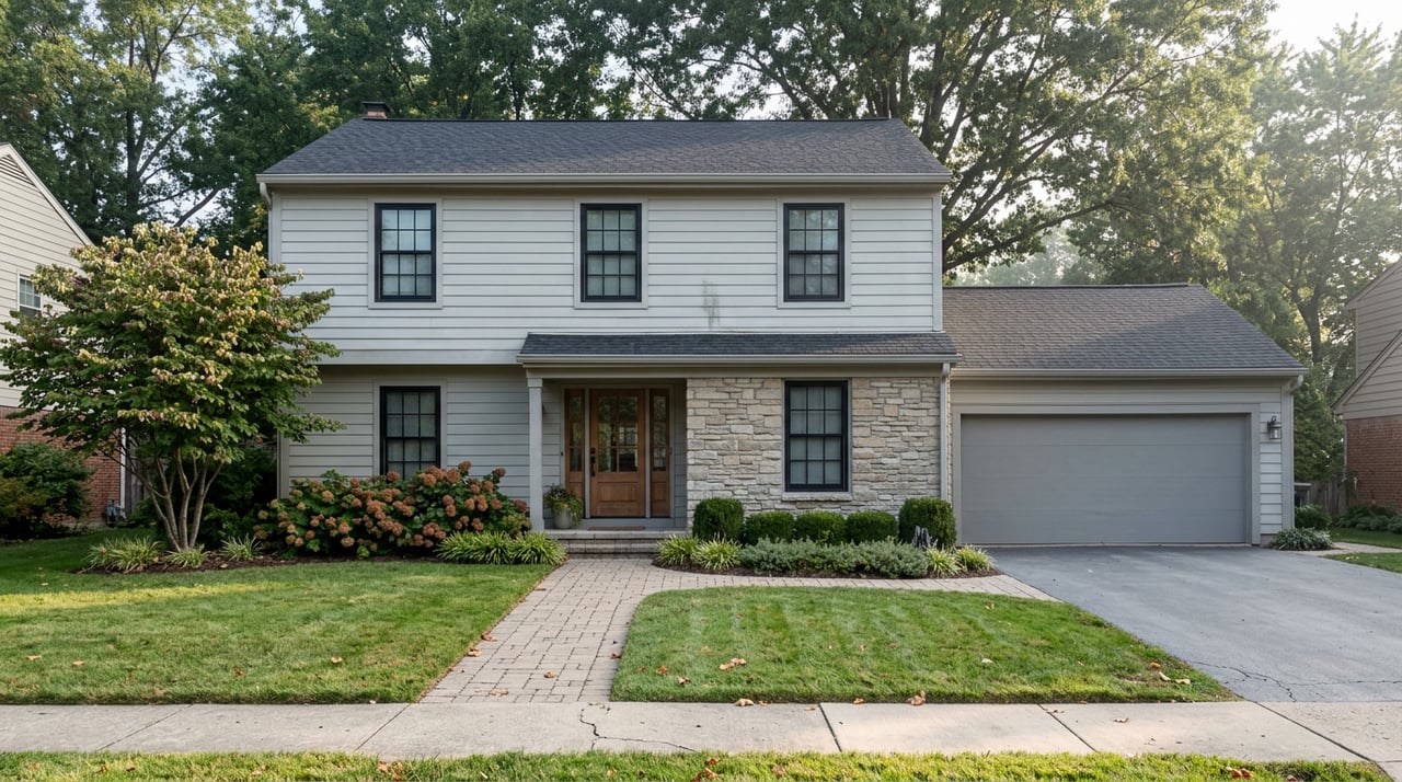Two-story suburban home with lap siding, a stone entry, black-framed windows, and an attached garage beneath mature trees.