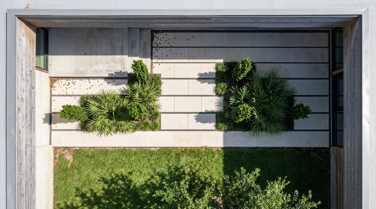 Pale limestone path between clipped columnar holly and palmetto beds, ending at a concrete step beside lawn.