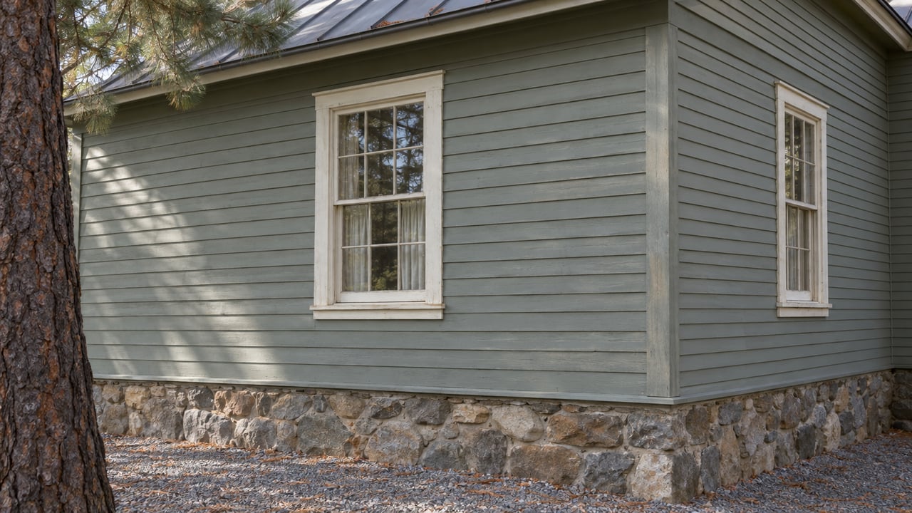 Aged sage-gray clapboard house corner with two sash windows above a rough stone foundation.