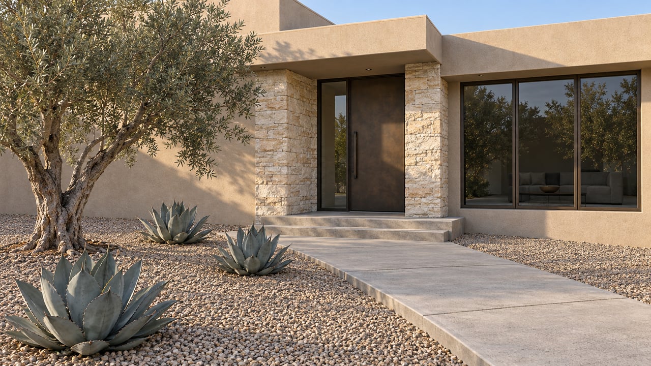 Sand-colored stucco home with a limestone entrance, bronze-framed windows, and a spacious gravel garden planted with an olive tree and three agaves.