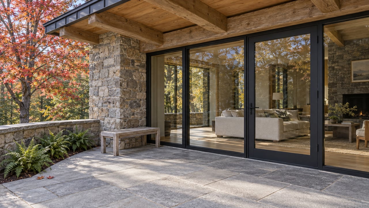 Covered stone terrace with oak beams, black-framed glass doors, a teak bench and autumn maple foliage.