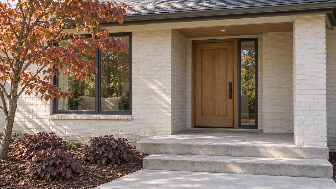 Off-white brick home entrance with an oak door, charcoal-framed window, concrete steps and autumn dogwood foliage.