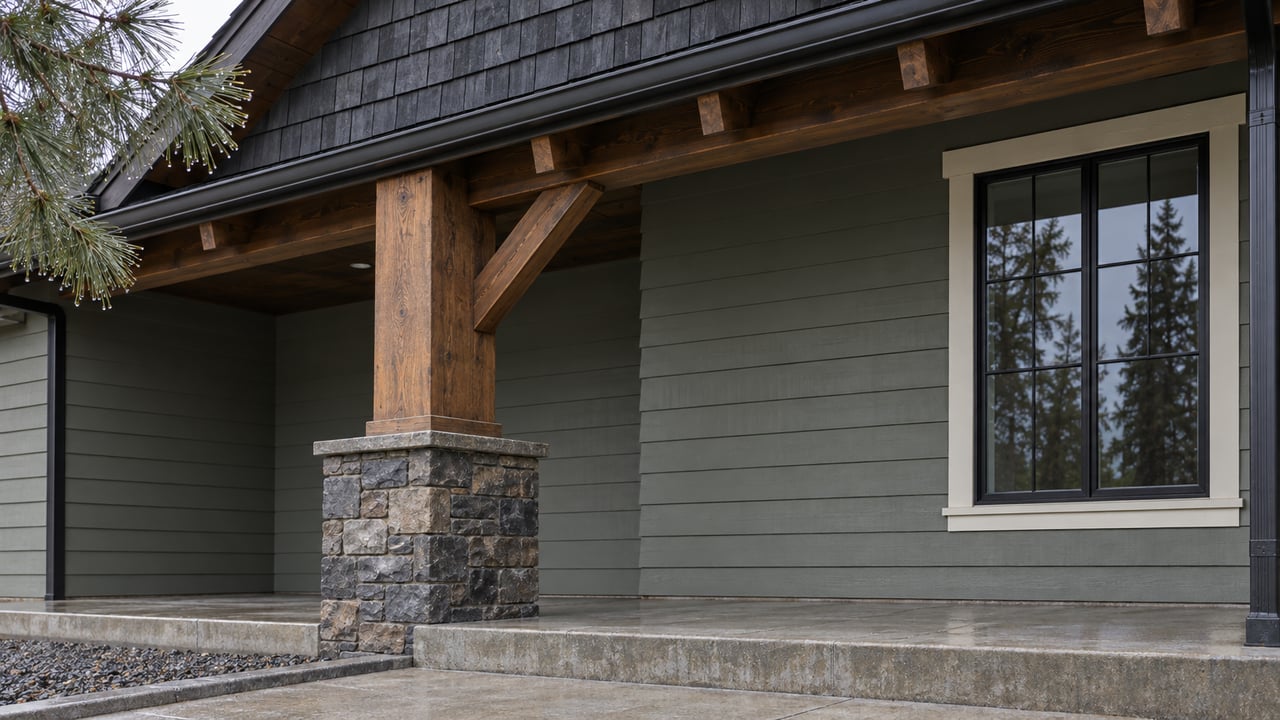 Rain-darkened stone and timber support a deep gabled porch beside gray-green siding and a tall glazed window.