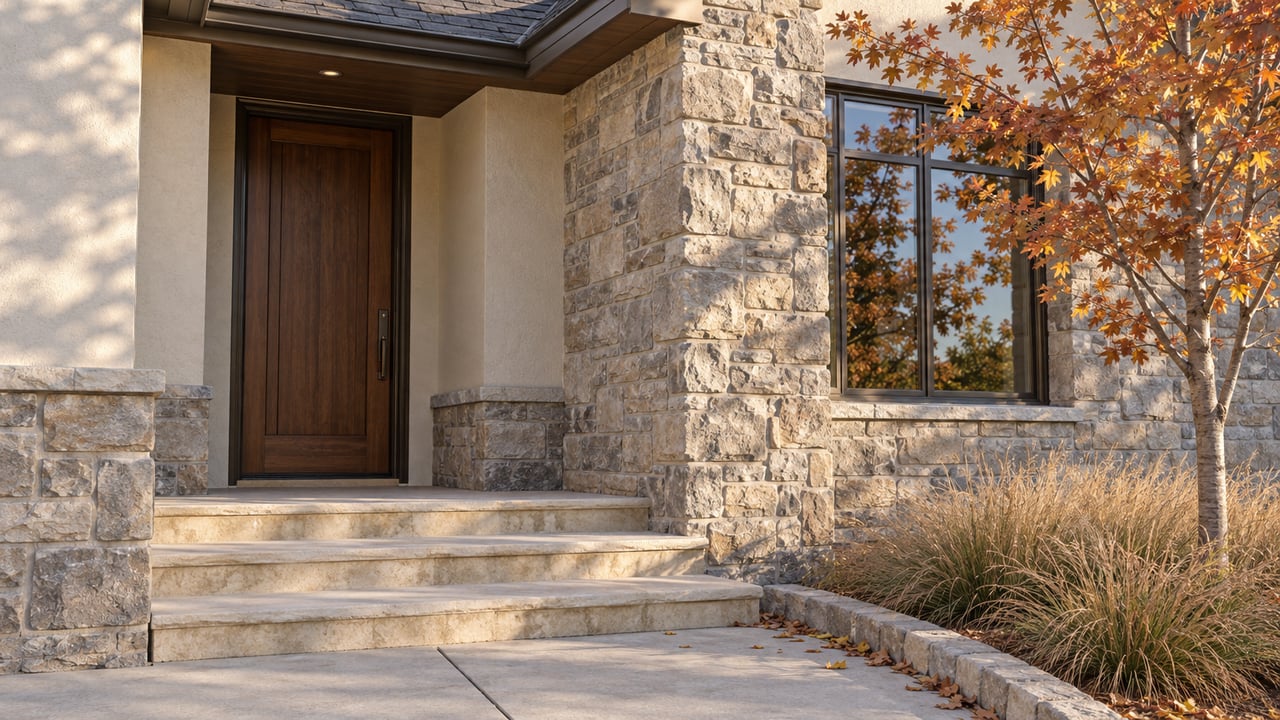 Recessed walnut-toned entry door beside a gray-beige ledgestone pier, with limestone steps and an amber-leaved tree.
