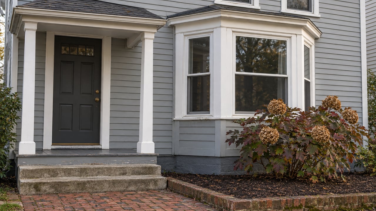 Gray house entrance with a black door, bay window, and brick walkway.