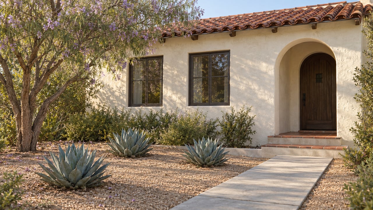 Ivory Spanish Revival bungalow with a red tile roof, arched entry, garden path, and three agaves.