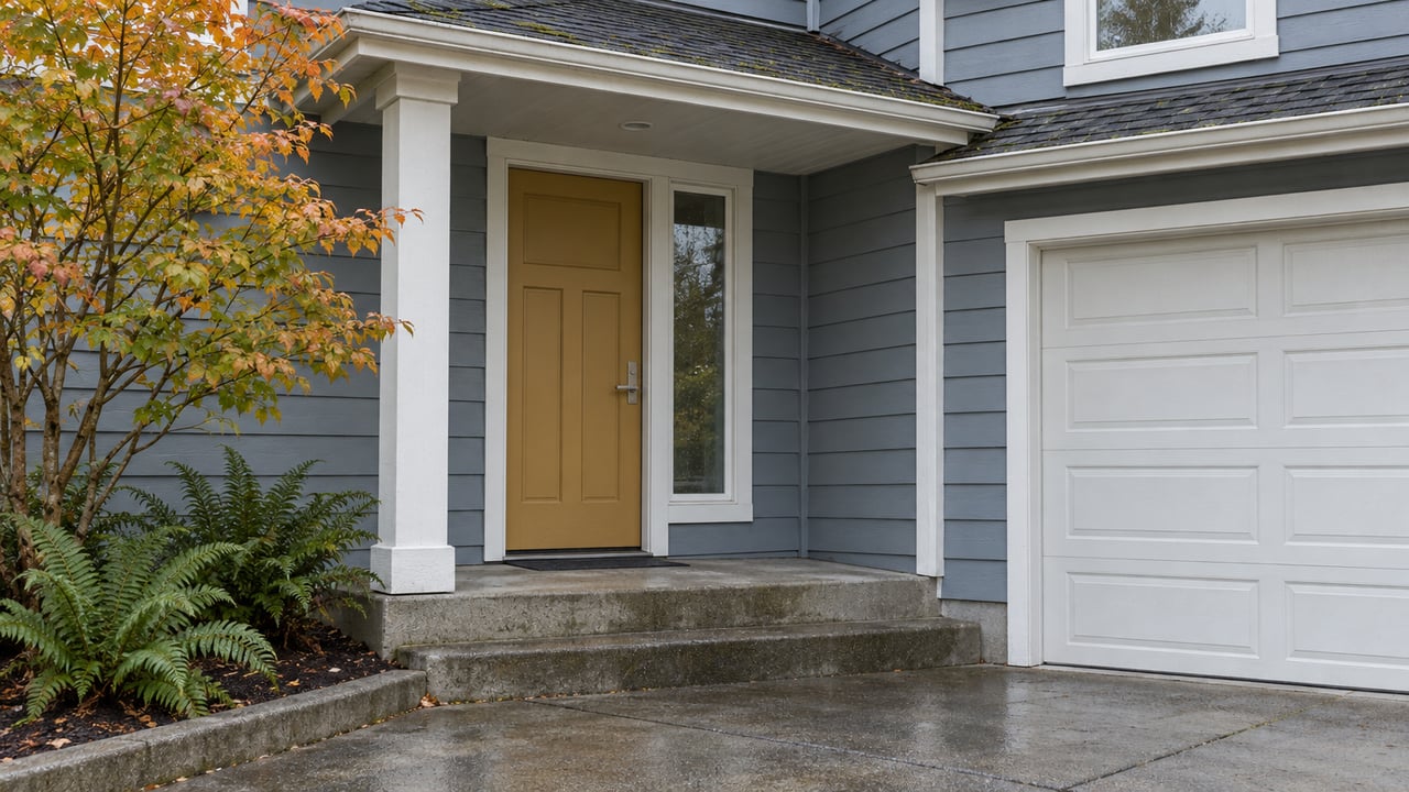 Damp concrete steps lead to an ochre front door beneath a shallow porch roof, with blue-gray siding and autumn vine maple beside the entry.