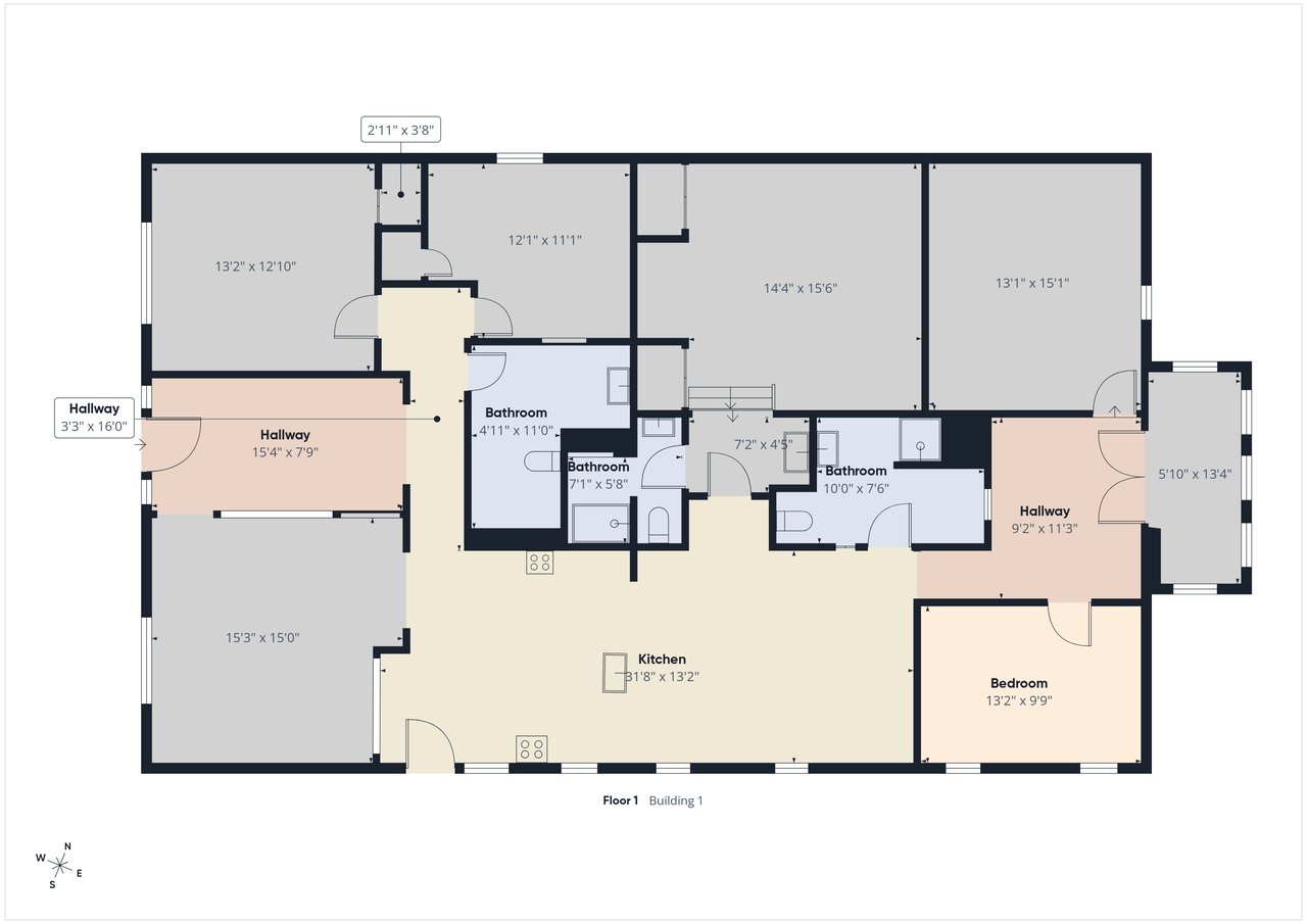 Floor plan showing the kitchen, bedroom, bathrooms, hallways, and room dimensions.