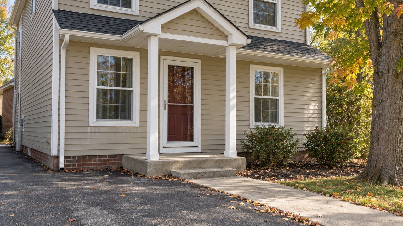 Modest beige-sided home with a covered entry, narrow driveway, concrete walk, and autumn leaves.