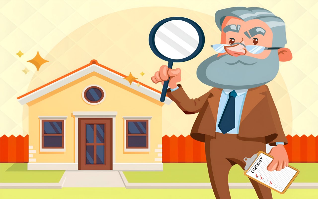 Illustration of an appraiser inspecting a yellow house with a magnifying glass and checklist.