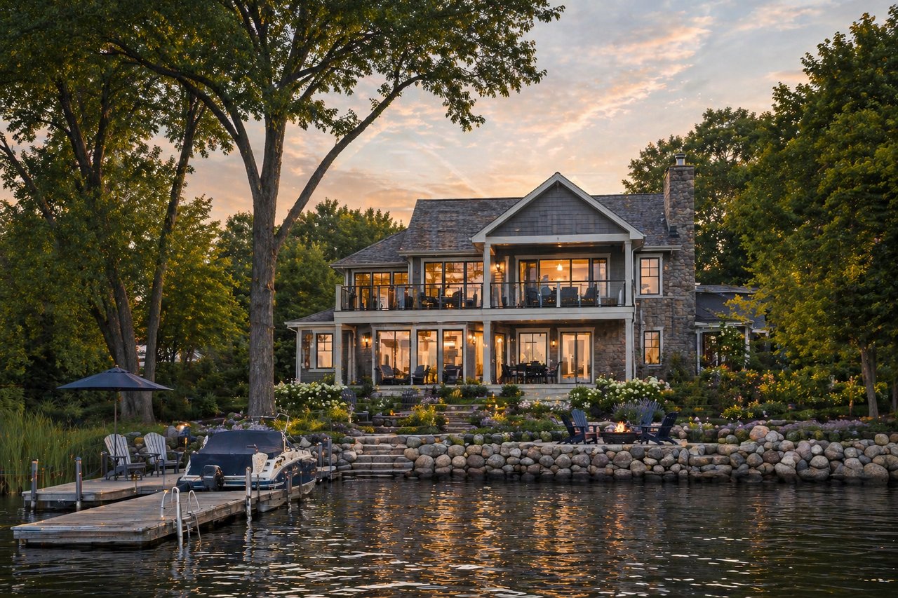 Two-story lakefront home glowing at sunset, with a boat dock, stone shoreline wall, and landscaped gardens.
