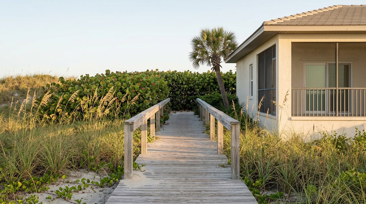 Weathered boardwalk crosses dune grasses toward an off-white coastal building and screened lanai.