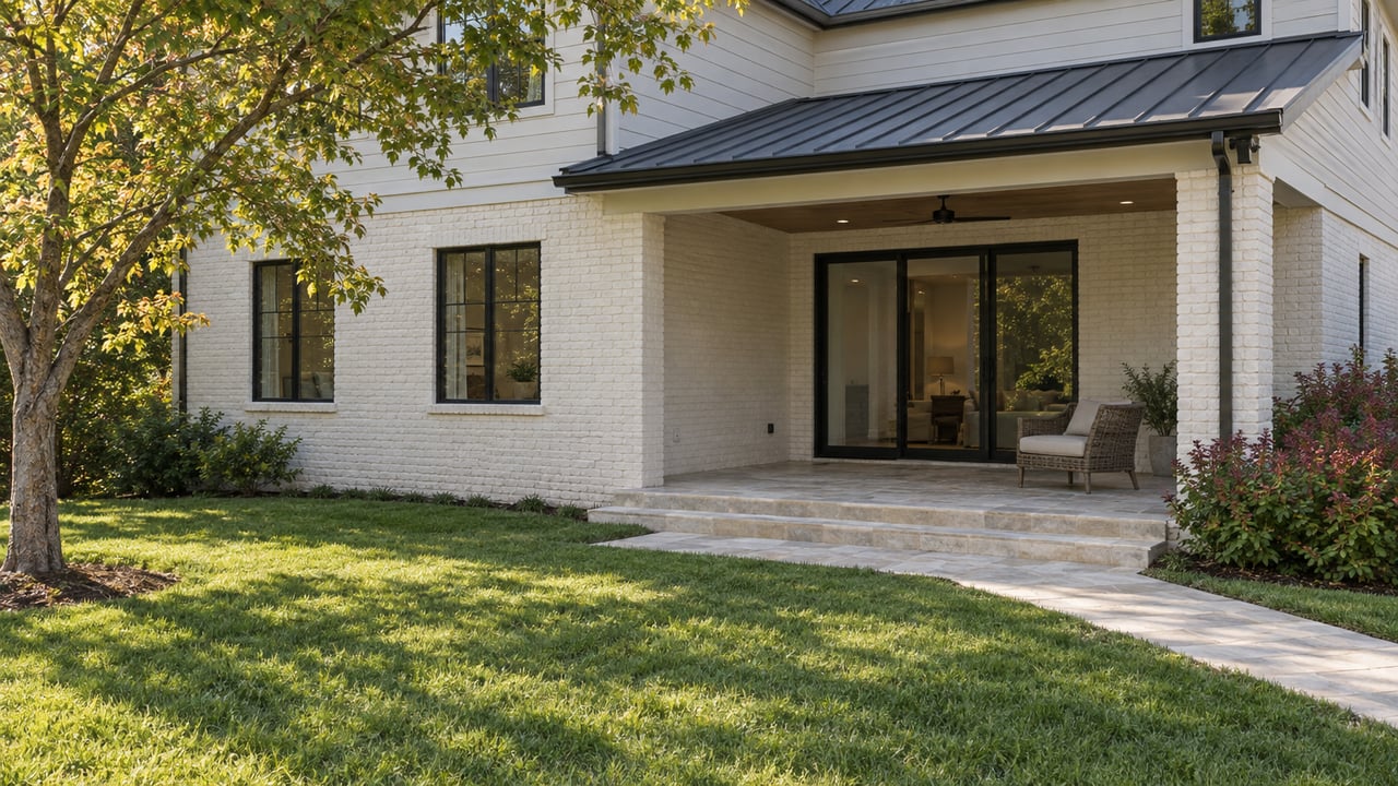 Suburban home with a covered limestone terrace, black-framed windows, and a mature tree casting shadows across the lawn.