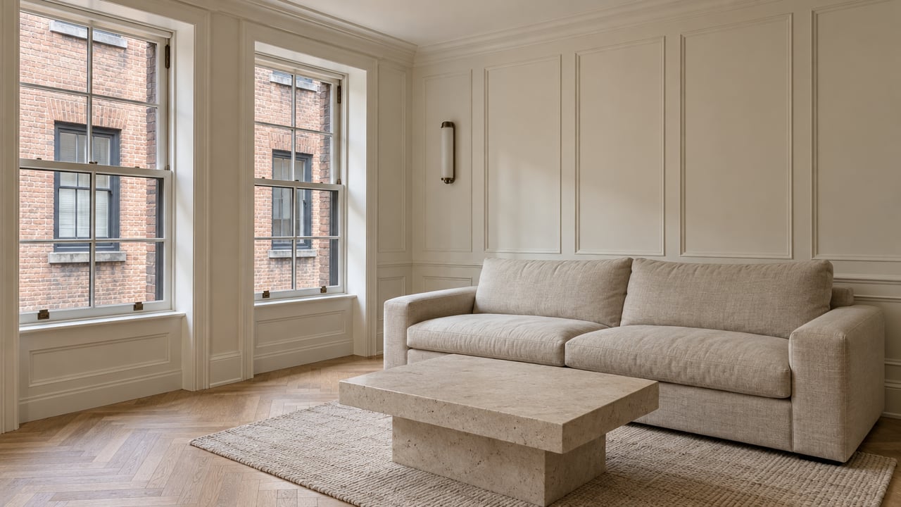 Condominium living room with an oatmeal sofa, paneled wall, limestone table, and windows facing a brick courtyard.