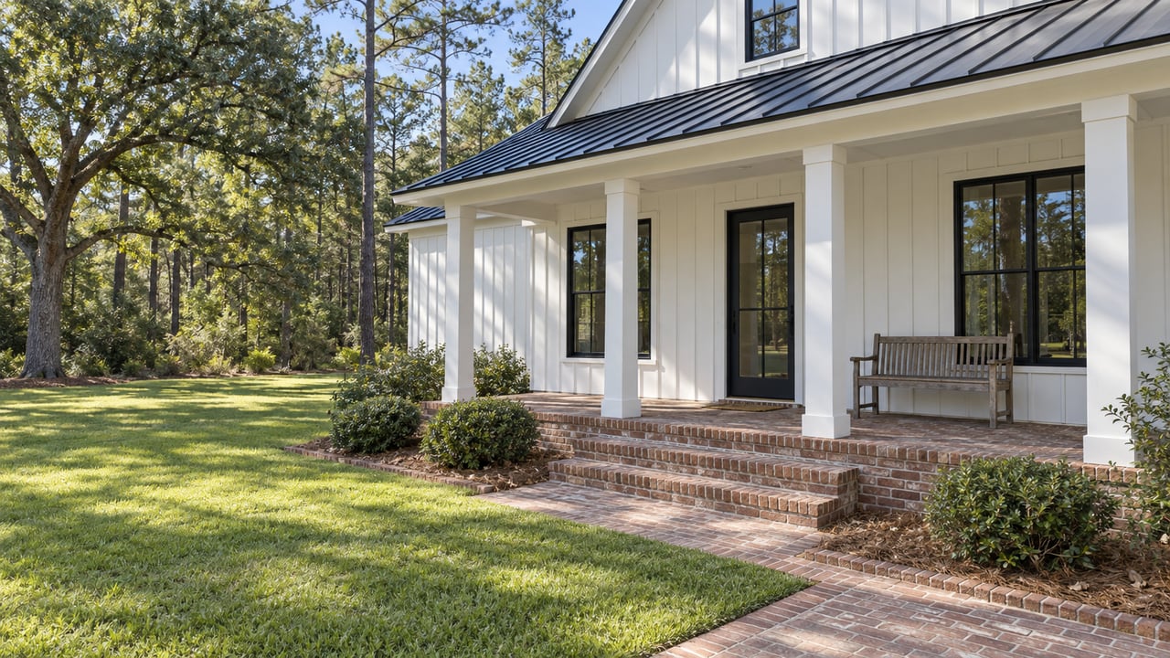 White farmhouse with a covered porch, brick steps, and a wooded lawn.