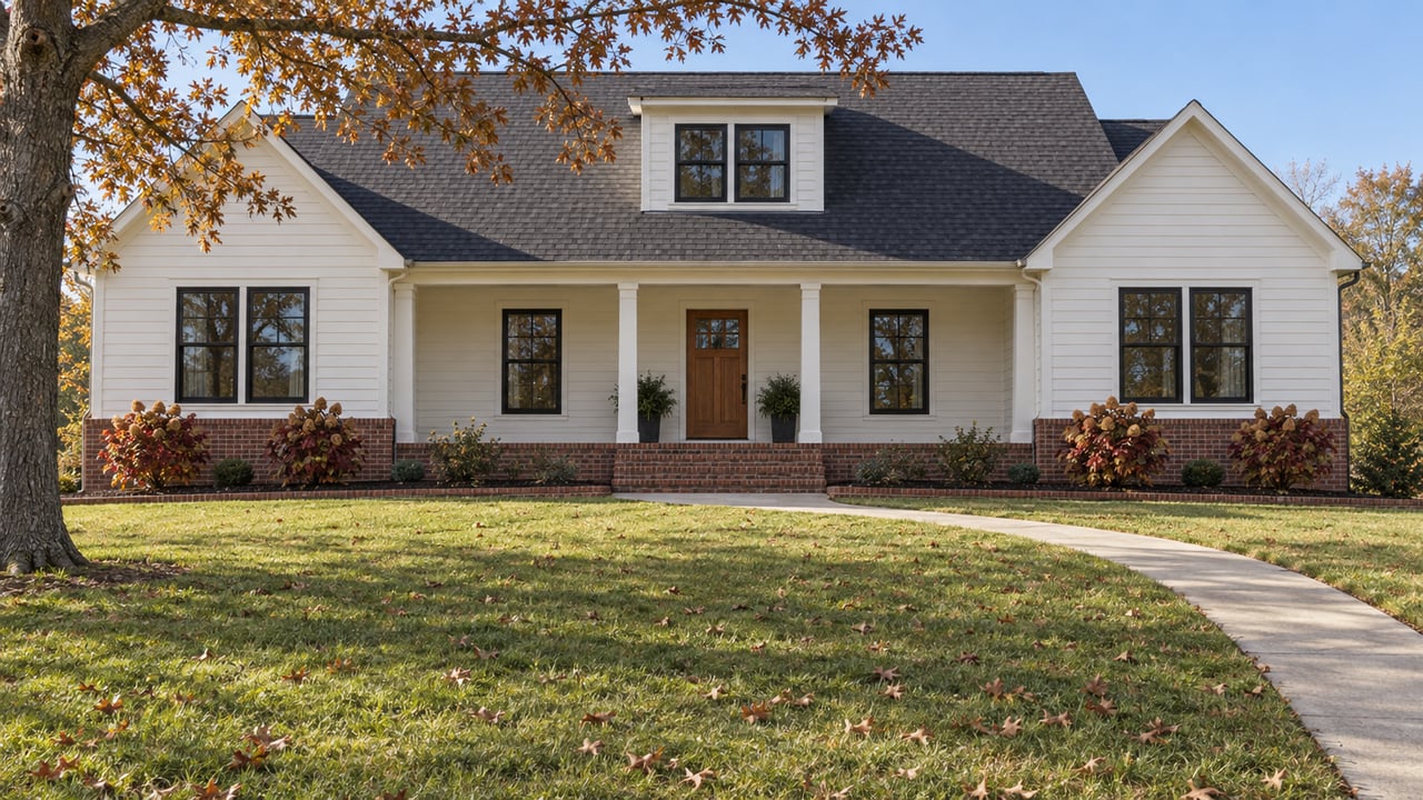 An updated white porch-front home with a dark gabled roof, broad autumn lawn, oak tree and burgundy oakleaf hydrangeas.
