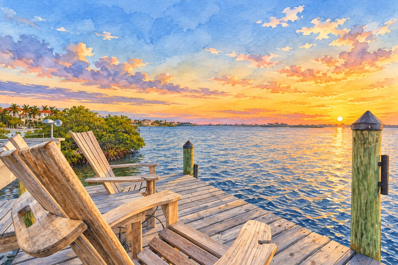 Waterfront dock with wooden chairs overlooking a bay at sunset, with palms and homes along the shore.
