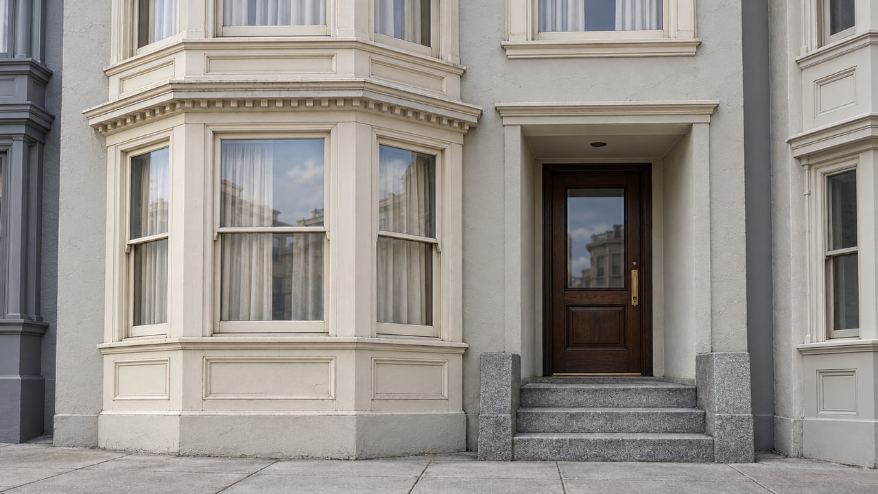 Weathered ivory bay-window trim and pale gray stucco above a recessed oak entry, granite steps, and concrete sidewalk.