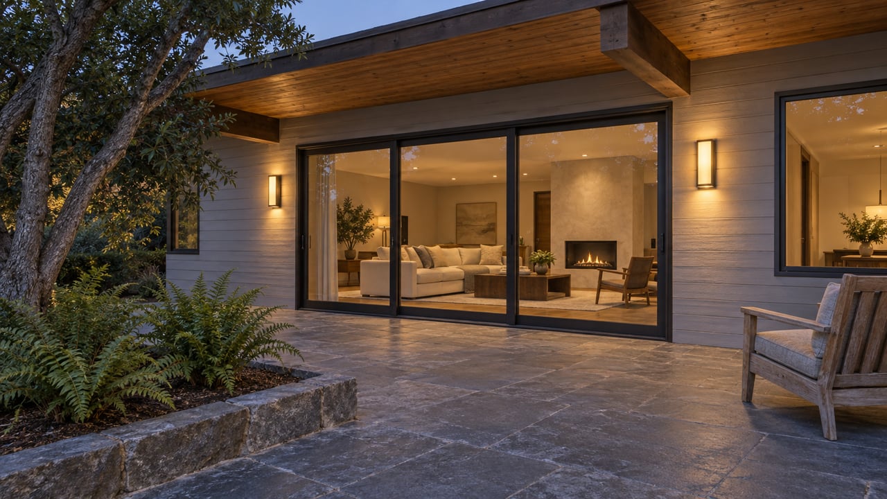 A wood-sided single-story home opens onto a slate terrace, with warm light behind closed glass doors and an oak beside the covered patio at blue hour.