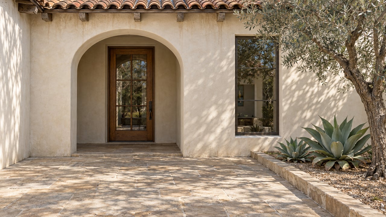 Ivory stucco entrance with a clay-tile eave, glazed oak door, sandstone courtyard and an olive tree beside two agaves.