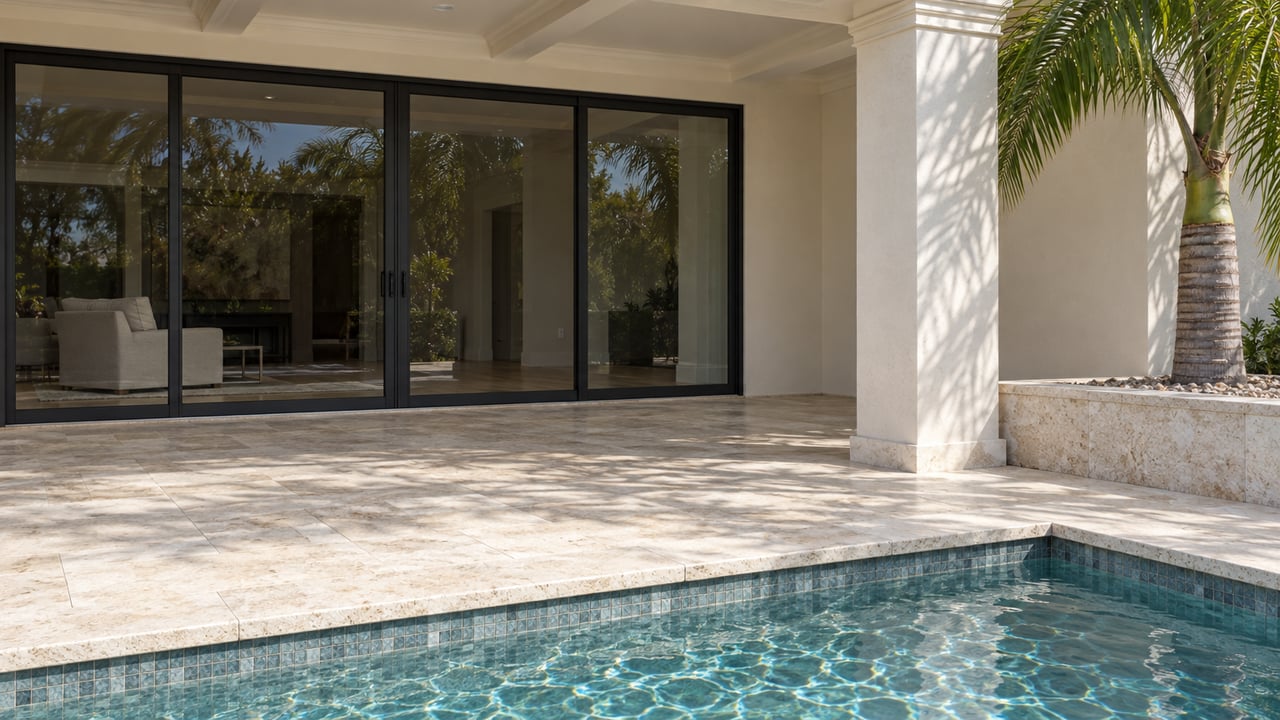 Sunlit limestone terrace beside a blue-green pool, with ivory stucco, closed black-framed glass sliders and a single ring-trunk palm.