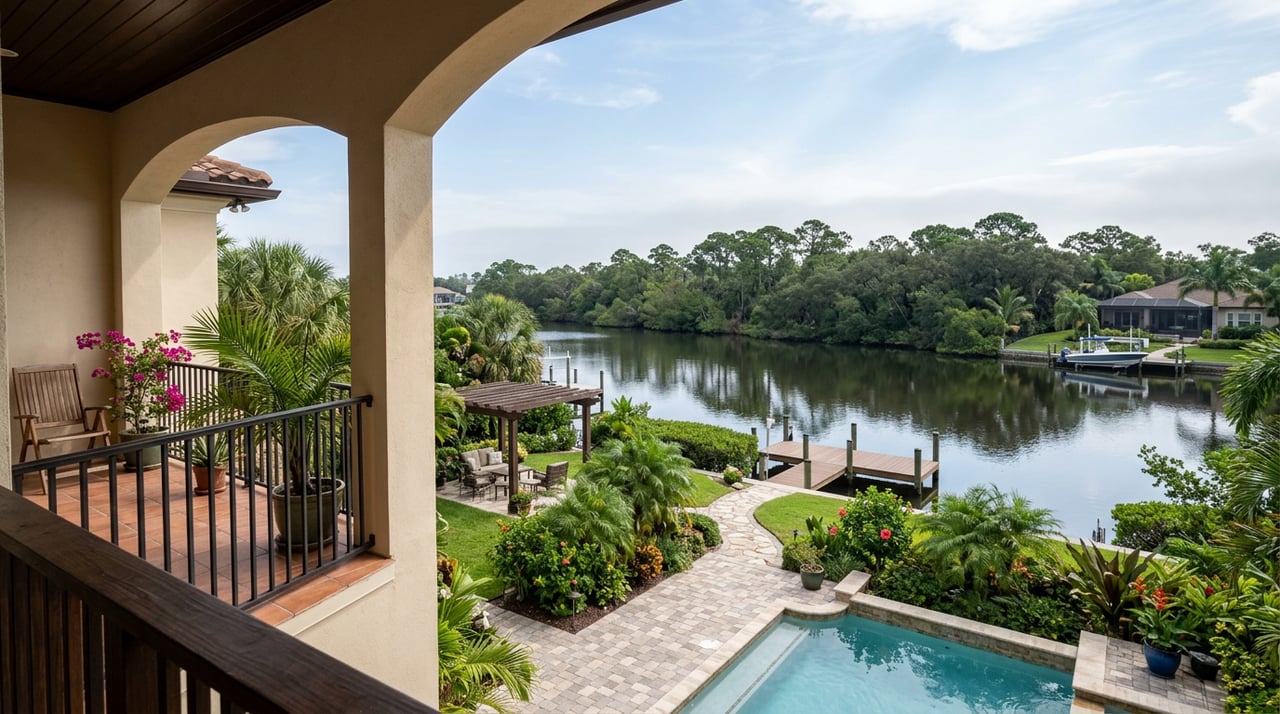 Canal-front backyard with a private dock, calm water, lawn, and mature trees lining the opposite bank.