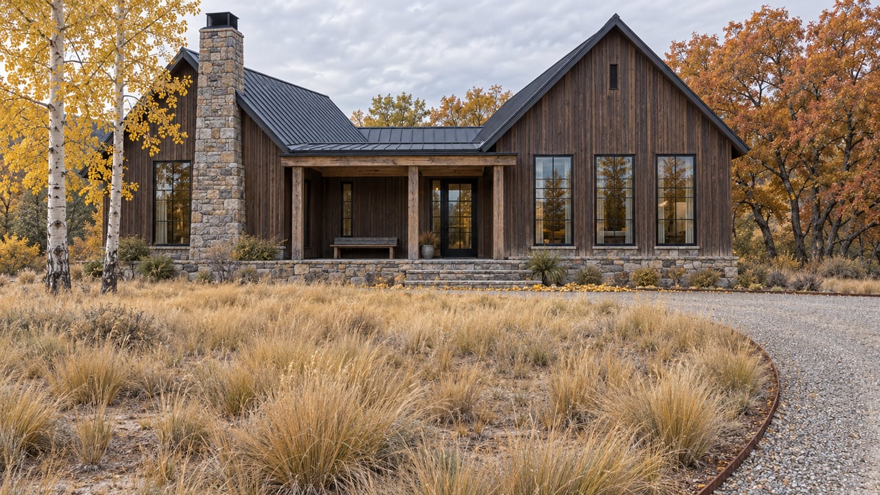 Dark timber home with steep metal roofs, a stone chimney and covered terrace beyond a tawny meadow, framed by yellow aspens and rust-colored oak.