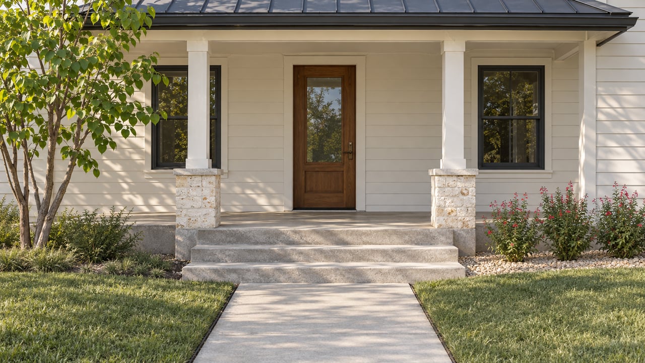 Cream clapboard bungalow with limestone porch bases, charcoal metal roof and concrete steps bordered by native lawn and flowering sage.