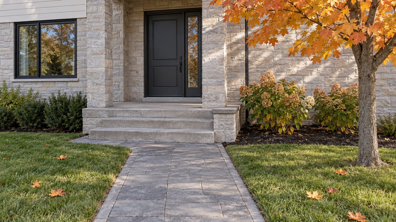 Autumn sunlight on a limestone-clad home entry, concrete steps and a paver walk bordered by lawn, a sugar maple and tawny hydrangeas.