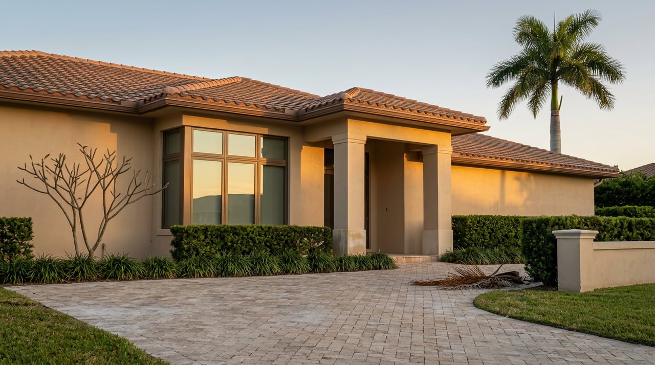 Sand-colored stucco home with a barrel-tile roof, palm, and travertine driveway.