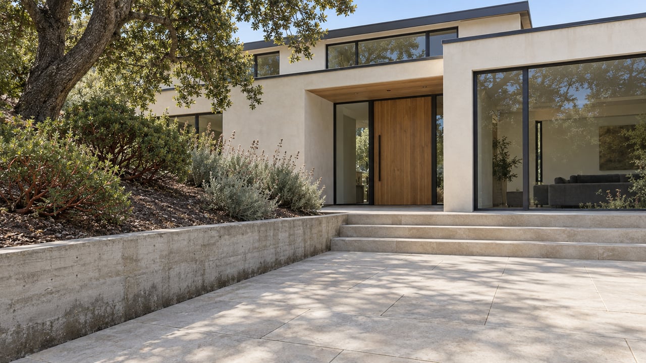 Contemporary home with pale stone entry steps, charcoal-framed glass, a wood pivot door and an established oak beside a planted bank.