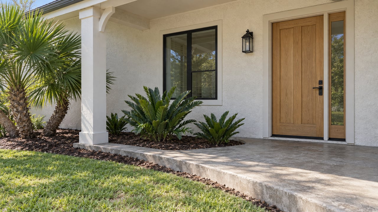 Sunlit stucco home entry with an oak door, square porch post, concrete paving and sculptural palm planting.