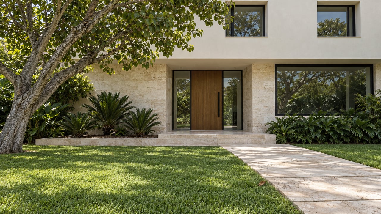 Cream-rendered home with limestone entry, wood front door, deep green lawn and a spreading specimen tree.